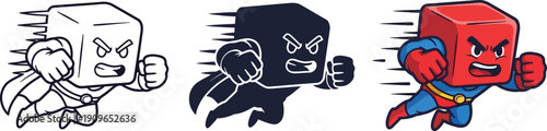 Dynamic superhero cube character in flight: outline, silhouette, and full color versions, embodying speed and action.