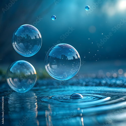 Floating Water Bubbles with City Skyline Reflections on Rippling Water Surface in Blue Tones