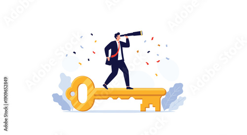 Businessman with a telescope standing on a giant golden key, symbolizing strategic vision, unlocking opportunities, and finding solutions for success.