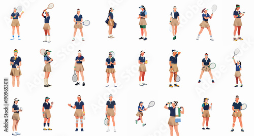 Diverse Vector Set of Female Tennis Players: Poses, Actions, Training, and Resting Concepts in Modern Sportswear Illustrations.