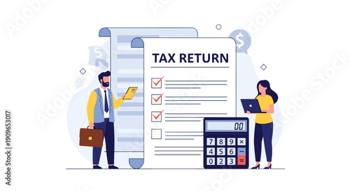 Two people reviewing a giant tax return form with a calculator, illustrating financial documentation, tax preparation, and fiscal responsibility.