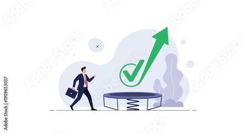 Businessman walking towards an upward arrow with a checkmark on a trampoline, symbolizing rebound success and strategic recovery in business.