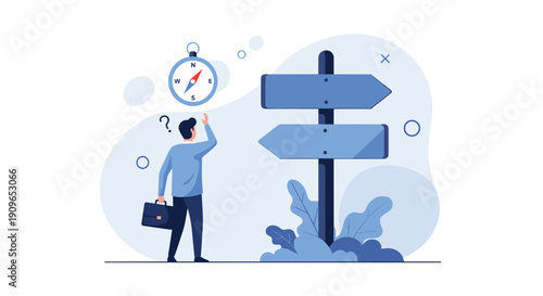 Confused man looking at a compass and road sign, representing difficult decision-making and uncertainty about future direction or career path.