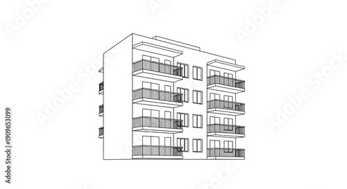 Line drawing of a multi story apartment building architectural silhouette