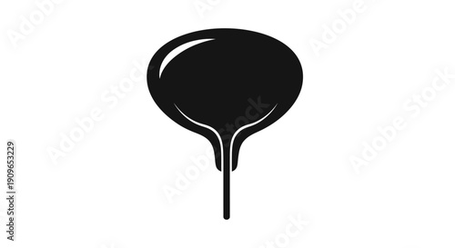 A black paint blob drips from a round shape, creating a small stream, illustration art, isolated on white.