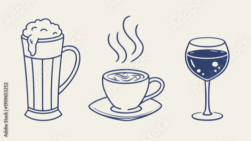 A minimalist line art illustration featuring three different beverages in a clean, navy-blue-on-off-white style: A tall beer glass, A steaming cup of coffee, A glass of red wine