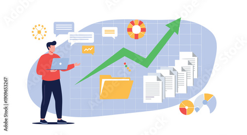 Man with laptop next to an upward arrow graph, documents, and charts, representing data-driven decisions and successful business growth strategies.