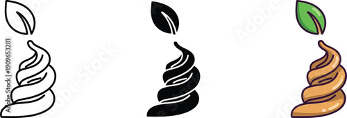 Healthy food concept - stylized swirl with leaf, illustration set in outline, solid black, and color