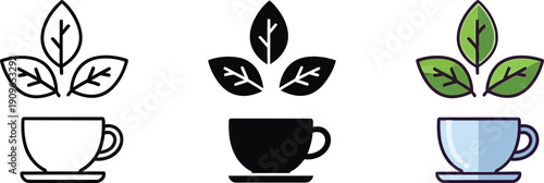 Charming icons of a teacup with three leaves: outline, silhouette, and a blue colored version, symbolizing refreshment and nature.