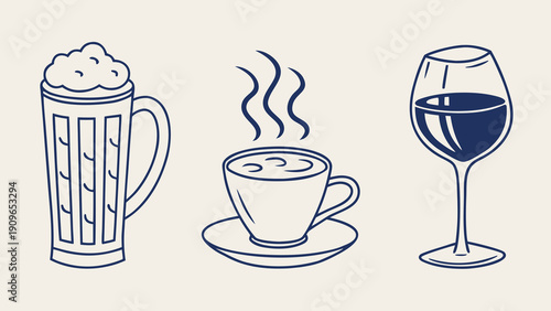 Three simple blue line-art illustrations of drinks: a frothy beer mug, a steaming cup on a saucer, and a wine glass. Each represents a different type of beverage beer, coffee/tea