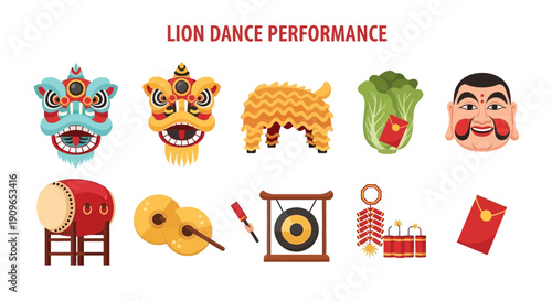Cartoon illustrations of lion dance performance elements against a white background