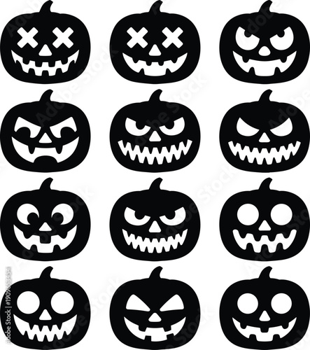 Halloween pumpkin faces icon set, spooky jack o lantern silhouettes, scary cartoon expressions, black vector collection, isolated design elements