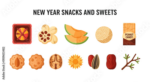 Illustrations of Chinese New Year snacks and sweets in two rows