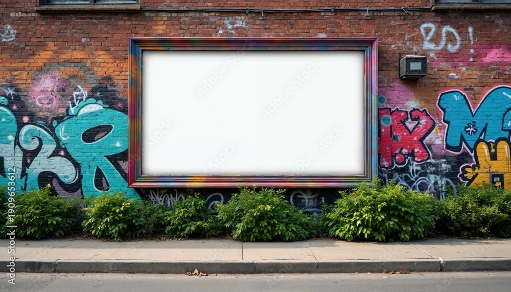 Obraz premium Large blank billboard on brick wall covered with colorful graffiti art. Outdoor urban space for advertising message. Empty screen for your promotion.