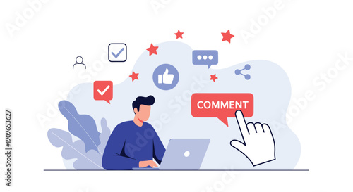 Man on laptop with hand clicking 'COMMENT' button, surrounded by social media icons, symbolizing online engagement and digital interaction.