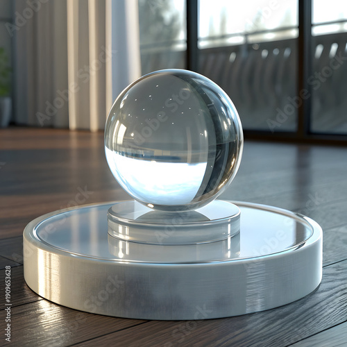 Shiny Glass Sphere on Modern Silver Pedestal in Contemporary Room with Wooden Floor and Large Windows