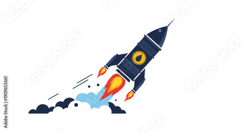 Rocket made from an oil barrel launching into the sky, symbolizing energy sector innovation and rapid growth in the oil and gas industry.
