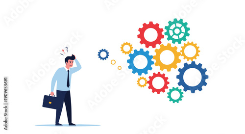 Confused businessman with briefcase next to colorful swirling gears, symbolizing complex business processes and strategic challenges.
