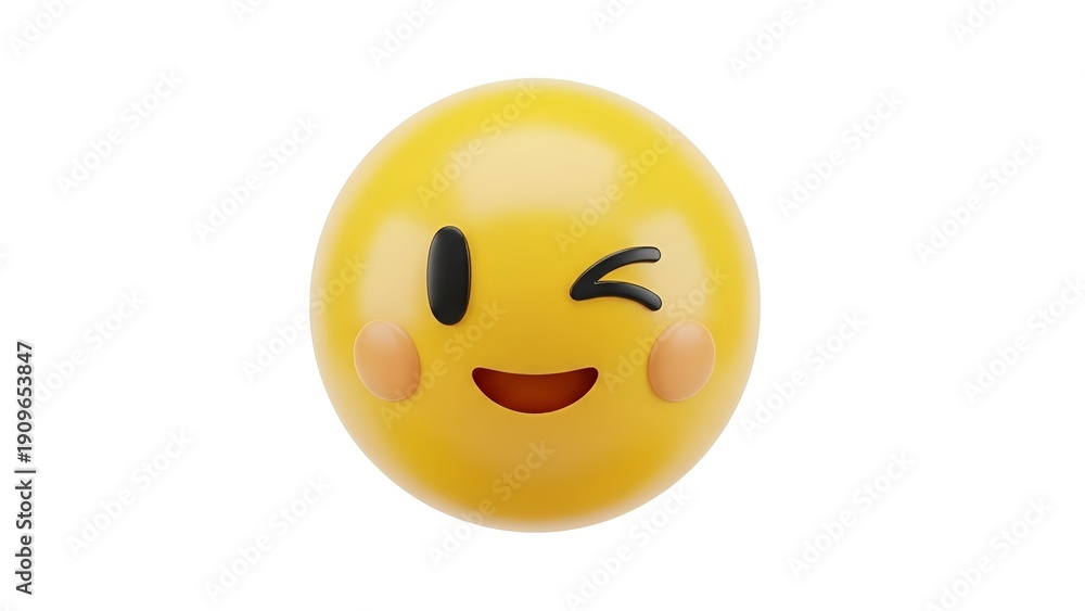 Fototapeta premium Winking Emoji 3D Render Icon with Blushing Cheeks, Playful Expression, Isolated on White Background for Digital Communication and Social Media Graphics