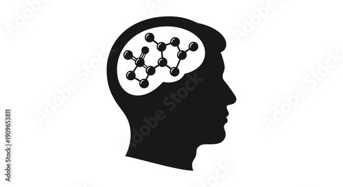 Human head silhouette with molecular structure inside brain, representing thoughts and ideas in a simple illustration