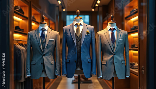 Three tailored suits with vests and ties displayed on mannequins inside a modern retail store. Formal menswear arranged neatly in a shop window, showcasing elegant fashion.