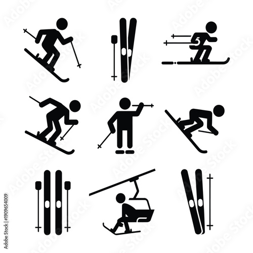 Set of black skiing pictograms representing various male winter sports activities with equipment and ski lift on transparent background