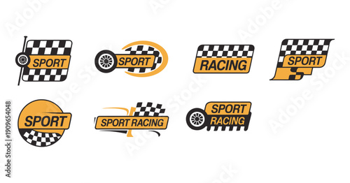 Collection of race sport logos featuring checkered flags and tire elements in black and yellow colors for motorsports branding design