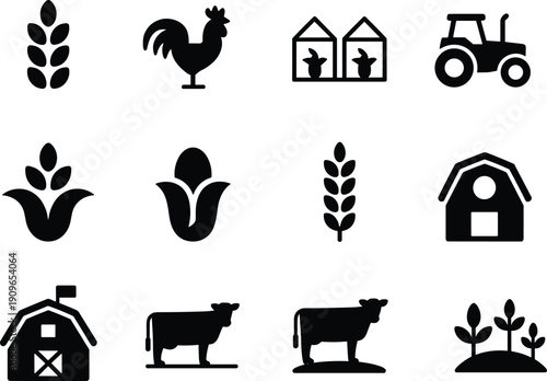 Modern agriculture icon set featuring farm animals crops tractor barn greenhouse wheat corn plants minimalist black silhouette vector design
