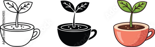 Seedling growing in a coffee cup, symbolizing new beginnings and growth, in outline, black, and color