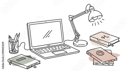 Hand-drawn illustration of a laptop desk lamp and books representing a study or work from home concept perfect for educational or business themes