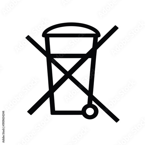 Black symbol representing trash can with wheels crossed out by two diagonal lines indicating do not dispose in trash on transparent background.