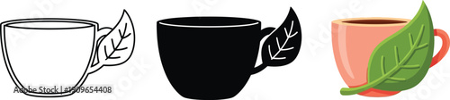 Elegant cup with a single leaf, symbolizing natural tea or refreshment, in outline, solid black, and color