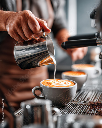 A barista pours steamed milk into a cup of espresso, creating latte art in a cozy cafe setting.