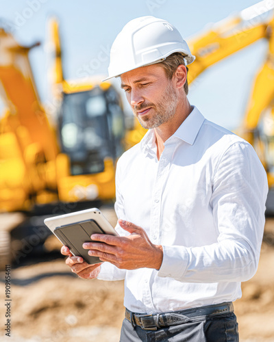 A construction manager wearing a white hard hat uses a digital tablet on a sunny site with heavy machinery in the background.