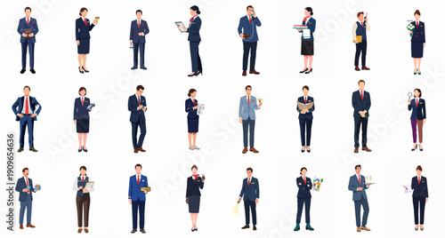 Large vector set illustrating diverse hospitality and service professionals in uniform, including hotel staff, flight attendants, and concierges.