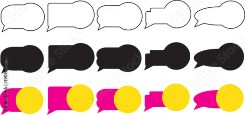 Set of creative blank speech bubble and circular message box element shapes in outline, black, and pink-yellow styles for modern chat designs