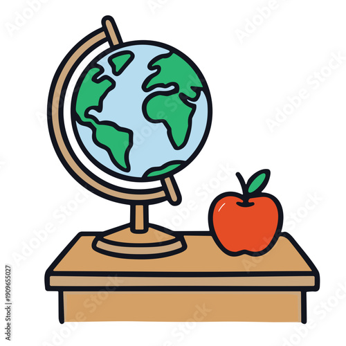 Vibrant globe and apple on wooden desk for education