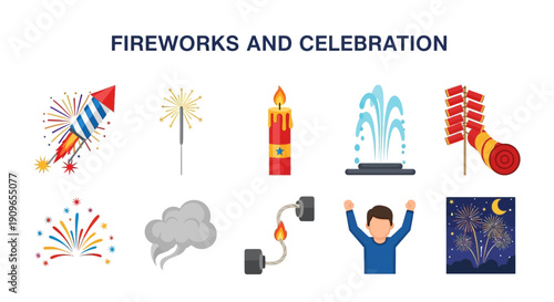 Set of 10 flat icons related to fireworks and celebration on a white background
