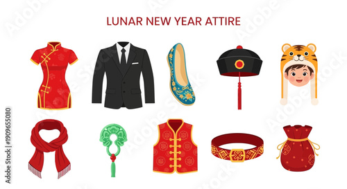 Illustration of various red and traditional Lunar New Year attire and accessories
