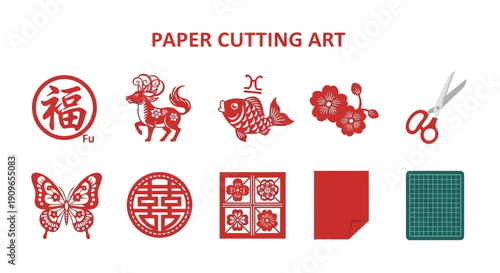 Red Chinese paper cutting art motifs tools and materials on a white background