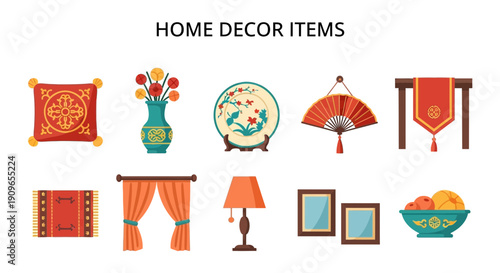 Ten colorful flatstyle Asianinspired home decor items displayed on a white background