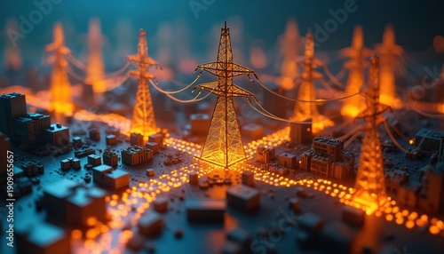 Miniature city grid with glowing power lines and towers. Small buildings connect to illuminated energy infrastructure. Electric power distribution network model.