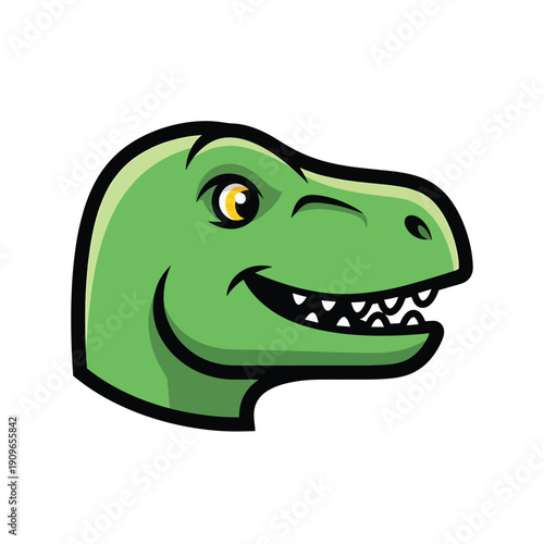 A cartoon dinosaur head illustration viewed from the side with a smiling face and sharp teeth