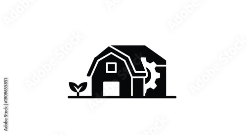 Farmhouse with sprouting plant and gear elements black silhouette