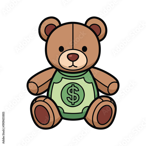 A cartoon teddy bear with a dollar sign on its bib sitting alone