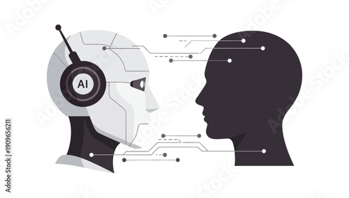Artificial intelligence system interacting with human brain showcasing future technology and machine learning concepts in a digital landscape