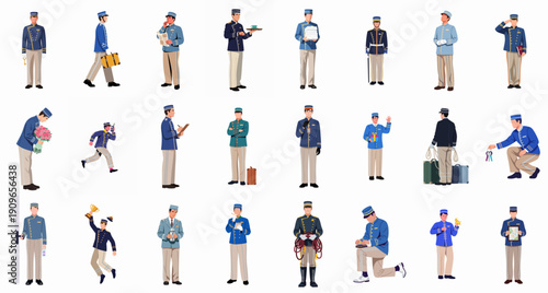 Collection of professional hotel bellhops and concierges vector illustrations, depicting staff in uniform carrying luggage, offering keys, and providing premium guest service.