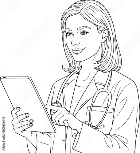Confident female doctor with stethoscope and tablet in a professional medical setting