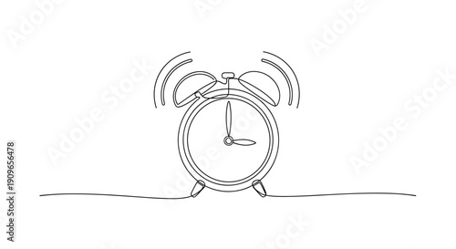 Continuous line drawing of a ringing alarm clock with vibrating bells. no editable stroke
