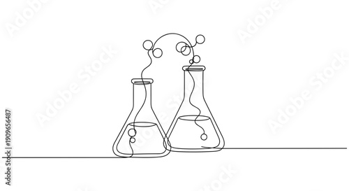 Continuous line drawing of chemistry flasks with molecular structures. no editable stroke